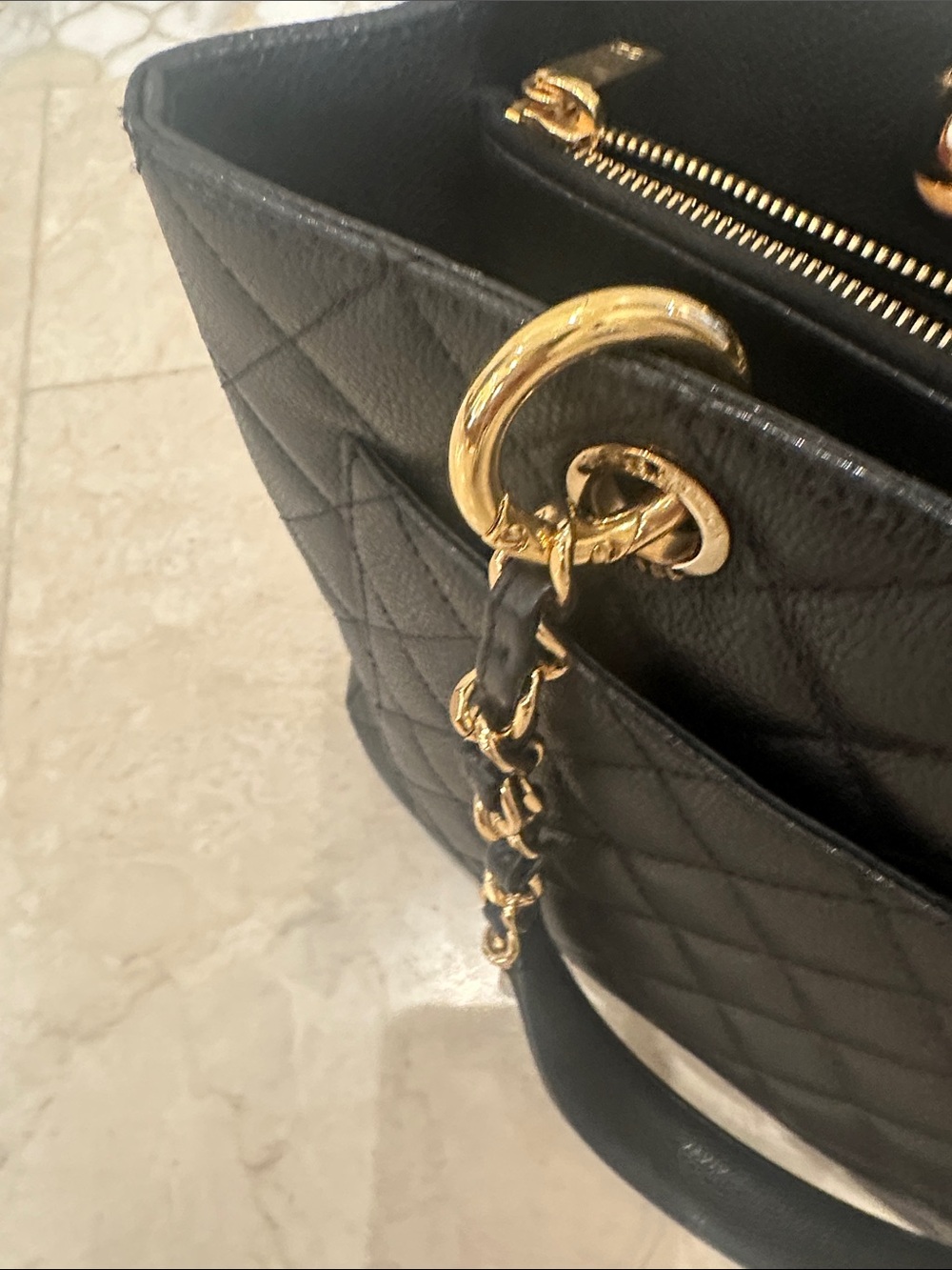 CHANEL Black Quilted Leather Shoulder Tote with Gold Chain Straps - Picture 12 of 13
